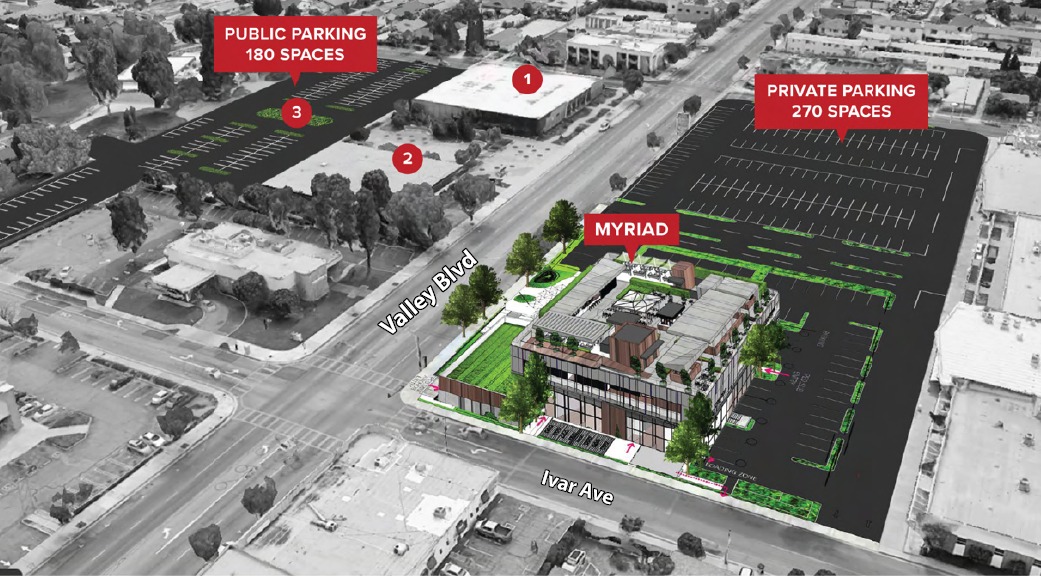 Aerial parking map of Downtown Rosemead — Valley Blvd & Ivar Ave